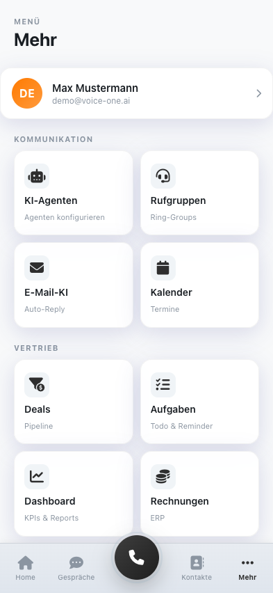 mediOne App Mehr-Menü mit allen Funktionen